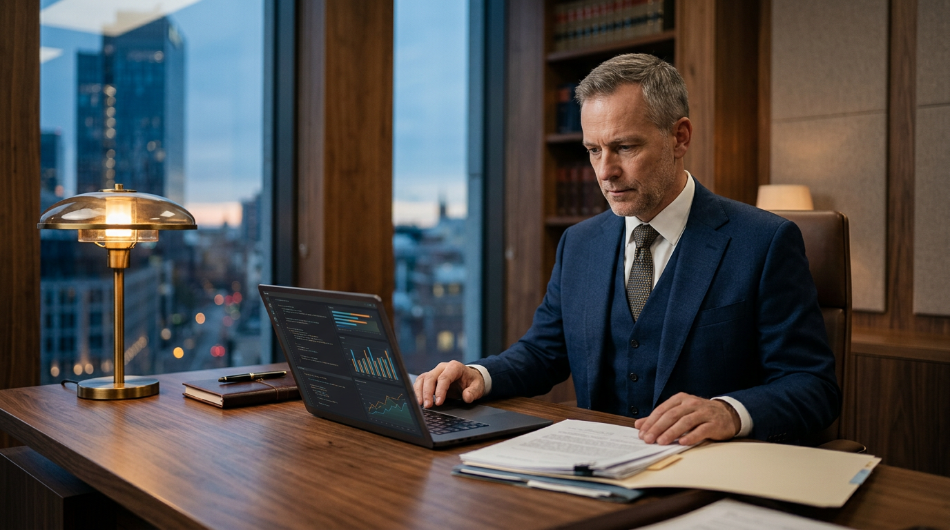 Premium law office scene with subtle search visibility overlays